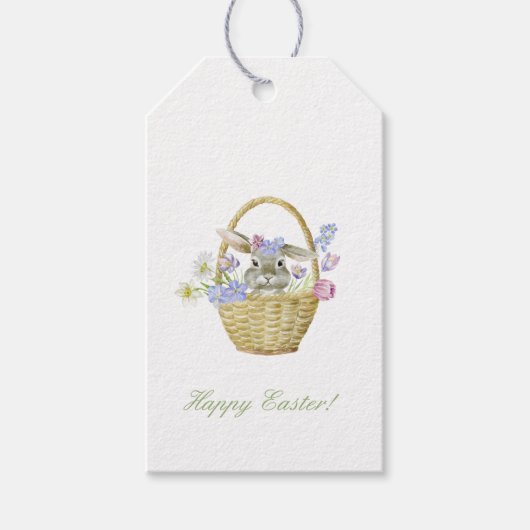 Gelukkig paaskonijn in een mand-lente cadeaulabel (Voorkant)