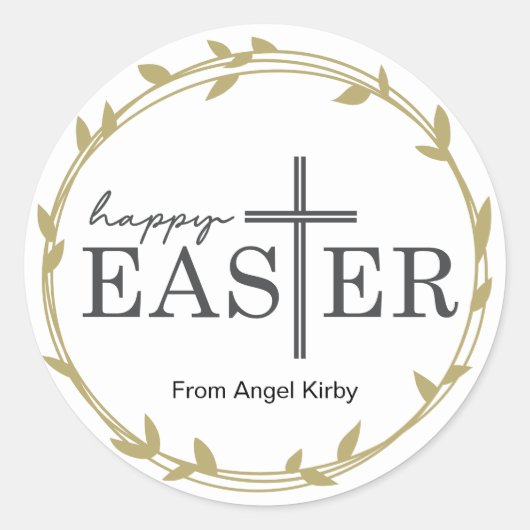 Gelukkig Paaskruis, met gouden bladrand, Ronde Sticker (Voorkant)