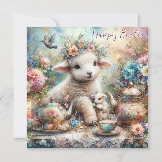Gelukkig Paaslam Waterverf Pastel Theetuin Feestdagenkaart (Voorkant)
