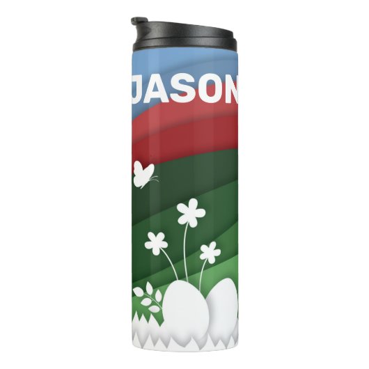 Gelukkig paasmannetje en eitjes in natuur thermosbeker (Geroteerd rechts)