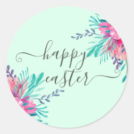 Gelukkig paasroze bloemenroze waterverf mint scrip ronde sticker