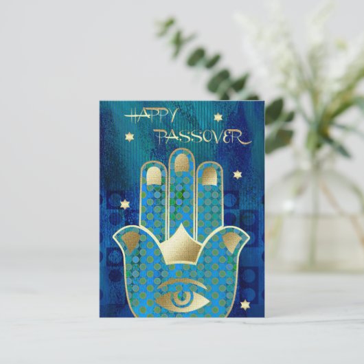 Gelukkig Pascha. Hamsa Hand Gelukssymbool Briefkaart (Staand voorkant)