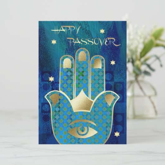 Gelukkig Pascha. Hamsa Hand Lucky Symbol Kaart (Staand voorkant)