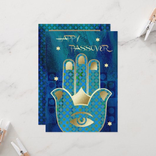 Gelukkig Pascha. Hamsa Hand Lucky Symbol Kaart (Voorkant / Achterkant in situ)