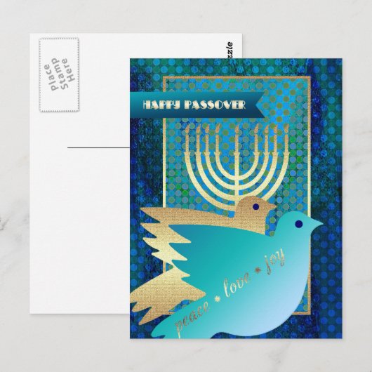 Gelukkig Pascha. Peace Doves en Menorah Briefkaart (Voorkant / Achterkant)
