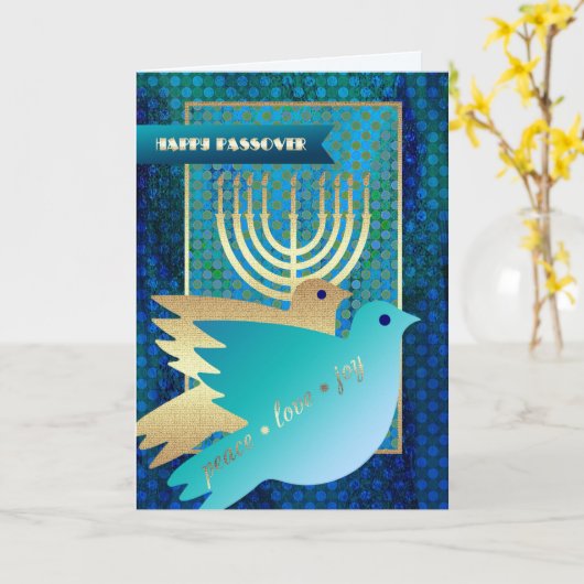 Gelukkig Pascha. Peace Doves en Menorah Kaart (Gele Bloem)