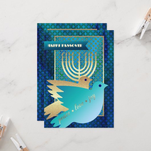 Gelukkig Pascha. Peace Doves en Menorah Kaart (Voorkant / Achterkant in situ)