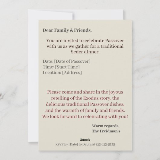 Gelukkig Pascha | Seder Pesach Uitnodiging (Achterkant)