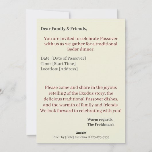 Gelukkig Pascha | Seder Pesach Uitnodiging (Achterkant)