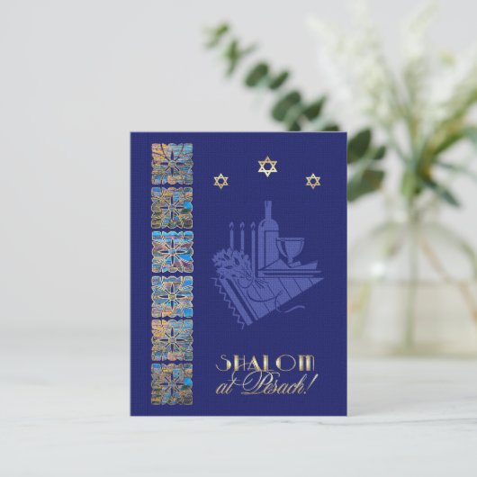 Gelukkig Pascha Star van David en Seder Tafel Icon Briefkaart (Staand voorkant)