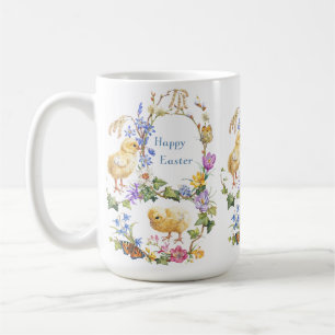 Gelukkig Pasen Aquarel Kuikens Bloemenkrans Koffiemok