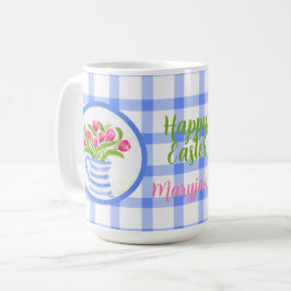 Gelukkig Pasen Aquarel Tulpen Blauw Geruit Koffiemok