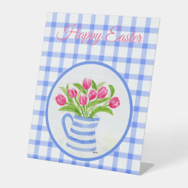 Gelukkig Pasen Aquarel Tulpen Blauw Geruit Reclamebord Met Voetstuk