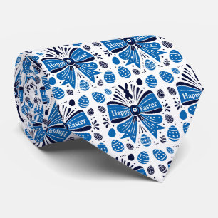 Gelukkig Pasen Blauwe Strik Folk Art Konijn & Eier Stropdas