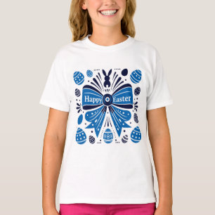 Gelukkig Pasen Blauwe Strik Folk Art Konijn & Eier T-shirt