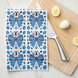 Gelukkig Pasen Blauwe Strik Folk Art Konijn & Eier Theedoek