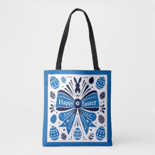 Gelukkig Pasen Blauwe Strik Folk Art Konijn & Eier Tote Bag