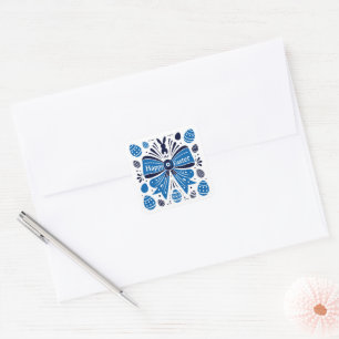 Gelukkig Pasen Blauwe Strik Folk Art Konijn & Eier Vierkante Sticker