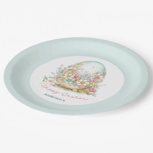 Gelukkig Pasen Bloemen Ei Blauw Gepersonaliseerde  Papieren Bordje (Gekanteld)