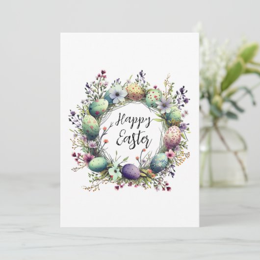Gelukkig Pasen Bloemen Lente Krans Monogram Feestdagenkaart (Staand voorkant)