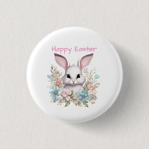 Gelukkig Pasen Bloemen Paashaas Konijn Ronde Button 3,2 Cm