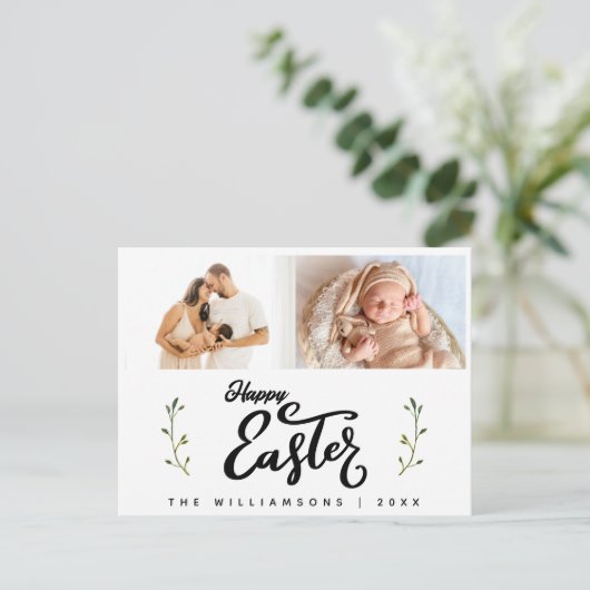 Gelukkig Pasen Chique Script Minimalist Twee foto Feestdagenkaart (Staand voorkant)