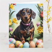 Gelukkig Pasen Dachshund Kaart (Gele Bloem)