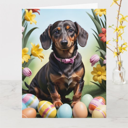 Gelukkig Pasen Dachshund Kaart (Gele Bloem)