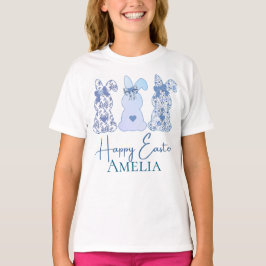 Gelukkig Pasen Drie Konijn Bloemrijk Blauw Persoon T-shirt