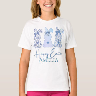 Gelukkig Pasen Drie Konijn Bloemrijk Blauw Persoon T-shirt