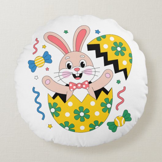 Gelukkig Pasen Feest Konijn dat uit het Ei springt Rond Kussen (Voorkant)