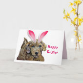 Gelukkig Pasen Goldendoodle Zachte Roze Konijnenor Kaart (Gele Bloem)
