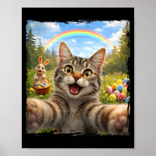 Gelukkig Pasen Grappige Kat Selfie Met Pasen Konij Poster