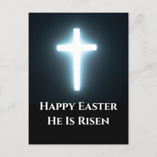 Gelukkig Pasen Hij is Risen Wit Licht Kruis Feestdagenkaart