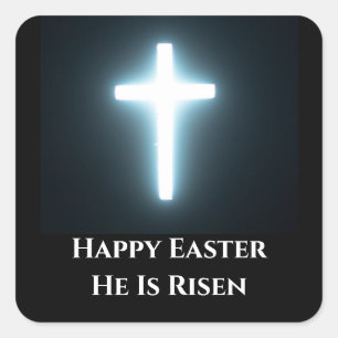 Gelukkig Pasen Hij is Risen Wit Licht Kruis Vierkante Sticker