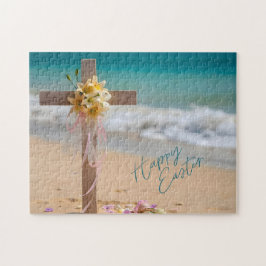 Gelukkig Pasen Houten Kruis met Lelies op Strand Legpuzzel