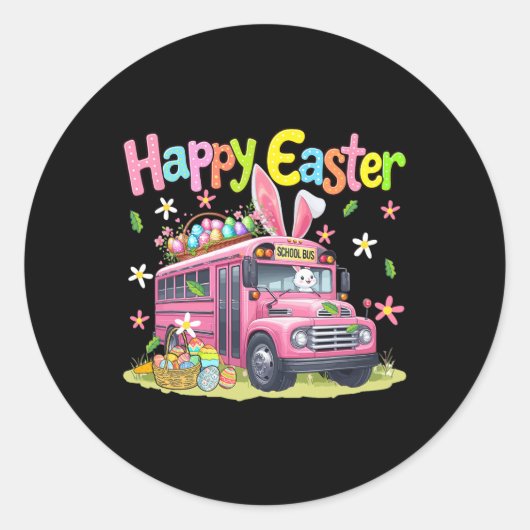 Gelukkig Pasen Konijn Bestuurt Schoolbus Chocolade Ronde Sticker (Voorkant)
