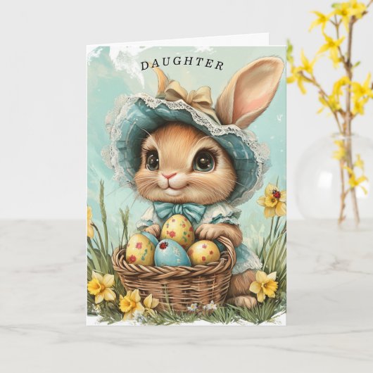 Gelukkig Pasen Konijn Dochter Narcissen Lieveheers Kaart (Gele Bloem)