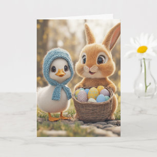 Gelukkig Pasen Konijn Eieren Baby Eend Kaart