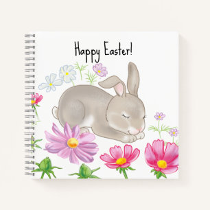 Gelukkig Pasen konijn en bloemen Notitieboek