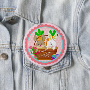 Gelukkig Pasen Konijn - Knuffel Konijn & Paasmand Ronde Button 4,0 Cm