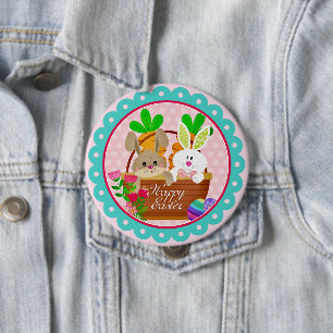 Gelukkig Pasen Konijn - Knuffel Konijn & Paasmand Ronde Button 4,0 Cm