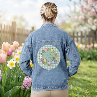 Gelukkig Pasen Konijn Kuiken Eieren Groen Gingham Denim Jacket