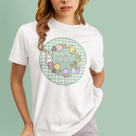 Gelukkig Pasen Konijn Kuiken Eieren Groen Gingham T-shirt