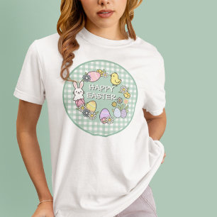 Gelukkig Pasen Konijn Kuiken Eieren Groen Gingham T-shirt