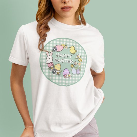Gelukkig Pasen Konijn Kuiken Eieren Groen Gingham T-shirt
