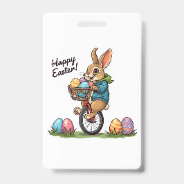 Gelukkig Pasen Konijn op een monocycle met mand vo Badge