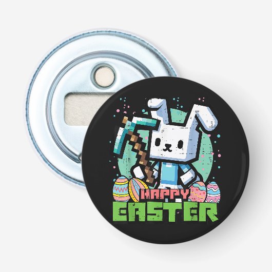Gelukkig Pasen Konijn Pixel Game  Button Flesopener (Voorkant)
