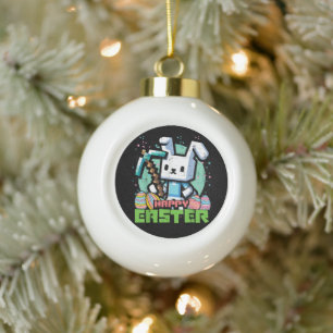 Gelukkig Pasen Konijn Pixel Game  Keramische Bal Ornament