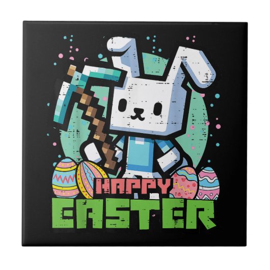 Gelukkig Pasen Konijn Pixel Game  Tegeltje (Voorkant)